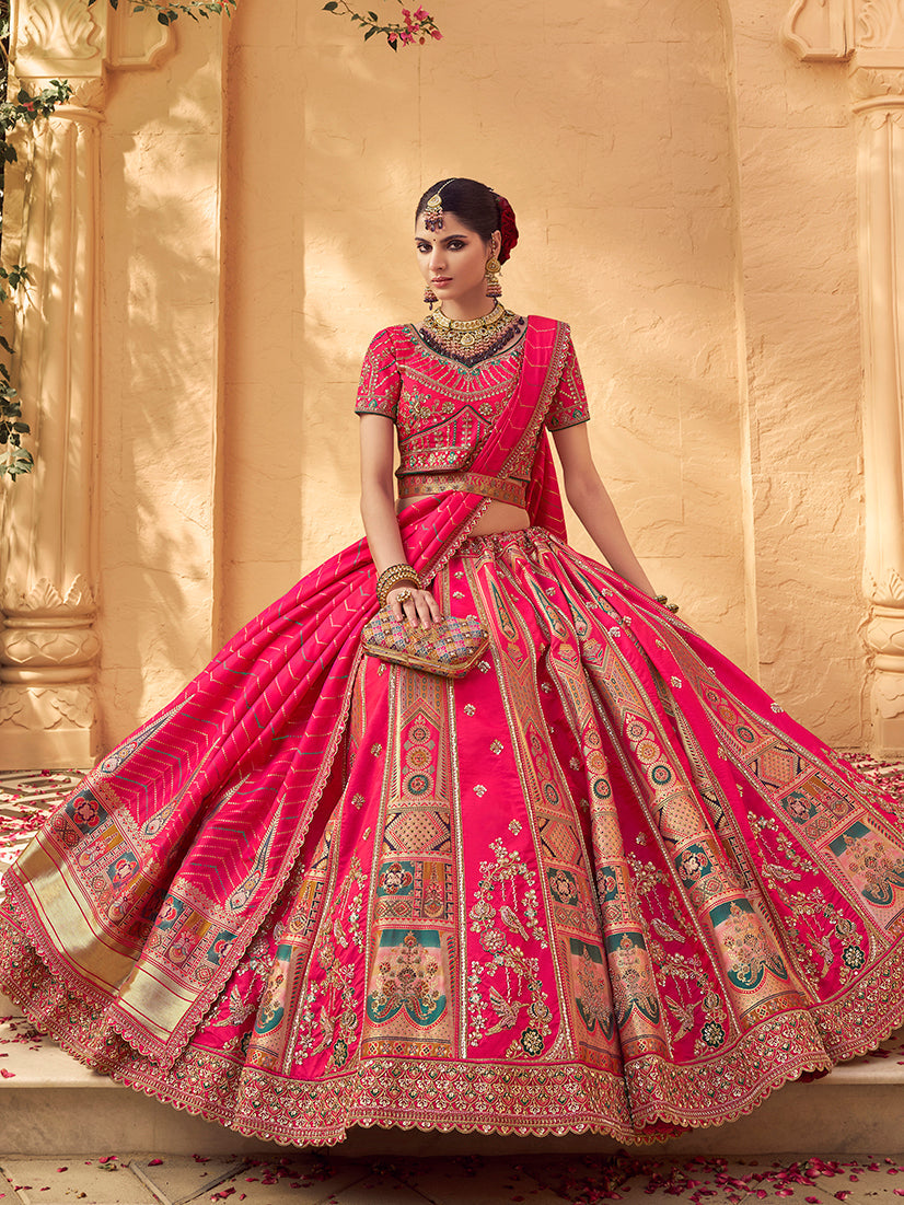 Monjolika Fashion Hot Pink & Peach Banarasi Silk Wedding Wear Lehenga With Embroidery Work - Distacart