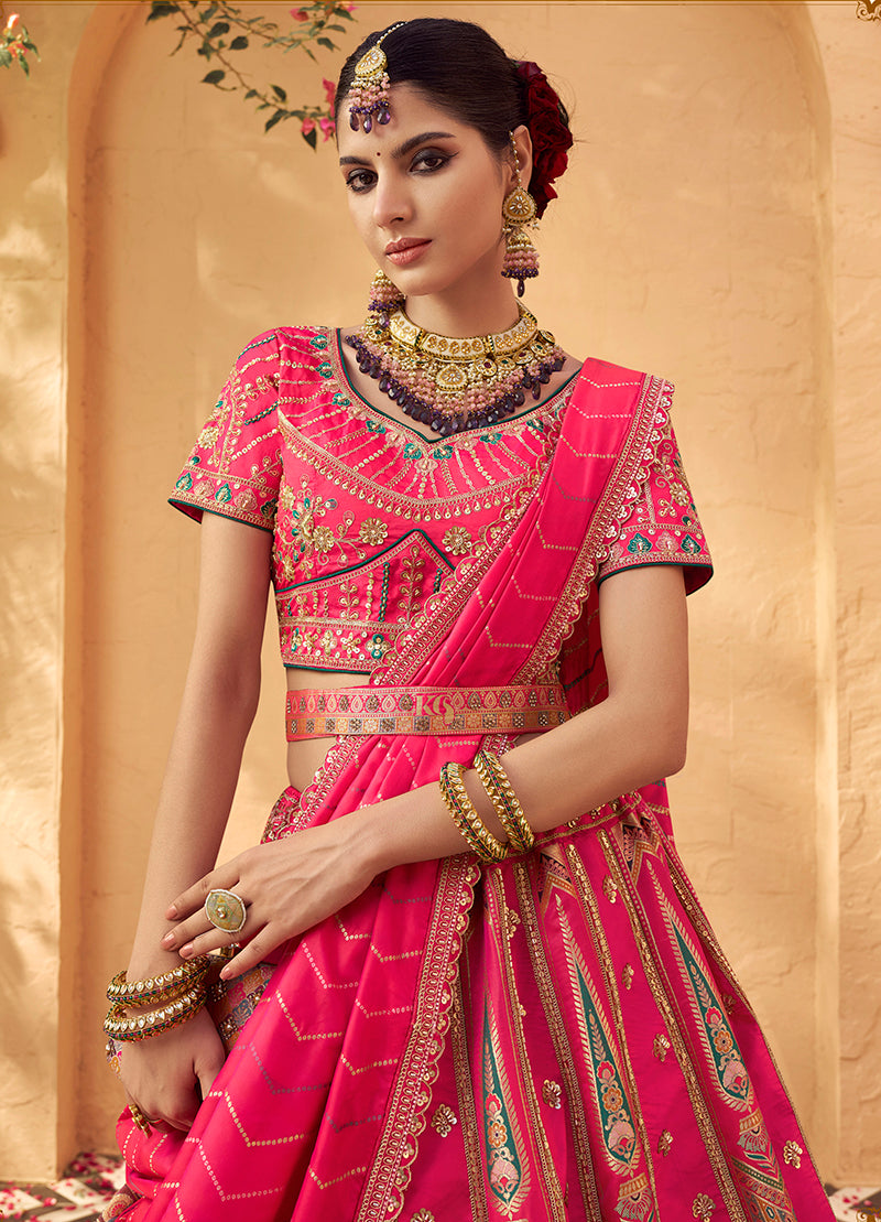 Monjolika Fashion Hot Pink & Peach Banarasi Silk Wedding Wear Lehenga With Embroidery Work - Distacart