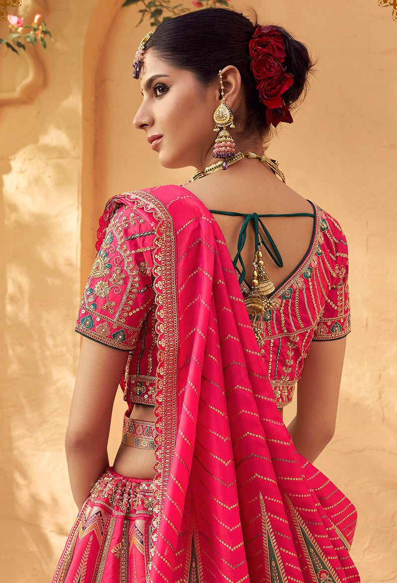 Monjolika Fashion Hot Pink & Peach Banarasi Silk Wedding Wear Lehenga With Embroidery Work - Distacart