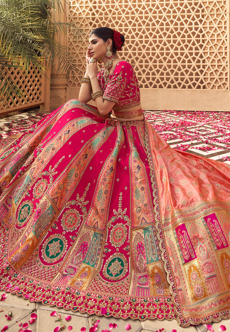 Monjolika Fashion Rani Pink & Peach Banarasi Silk Wedding Wear Lehenga With Embroidery Work - Distacart