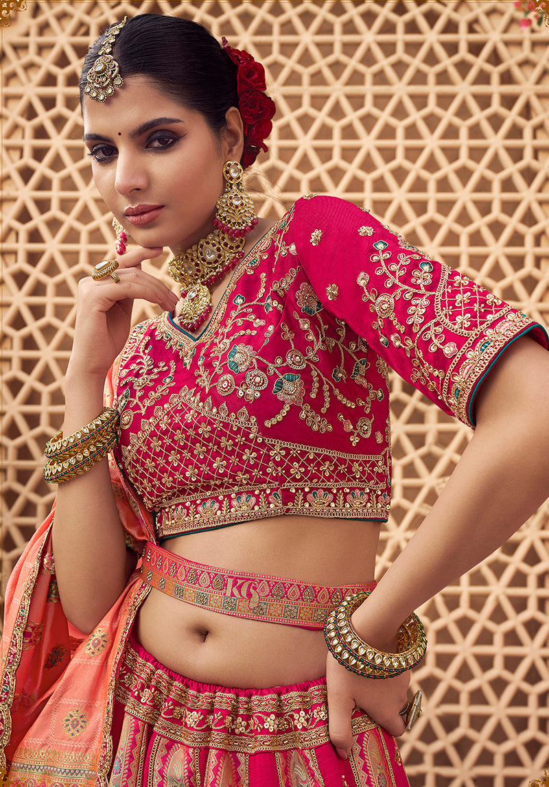 Monjolika Fashion Rani Pink & Peach Banarasi Silk Wedding Wear Lehenga With Embroidery Work - Distacart