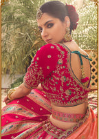 Monjolika Fashion Rani Pink & Peach Banarasi Silk Wedding Wear Lehenga With Embroidery Work - Distacart