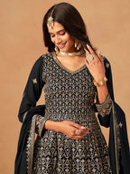 Monjolika Fashion Black Embroidered Faux Georgette Trendy Palazzo Salwar Kameez - Distacart