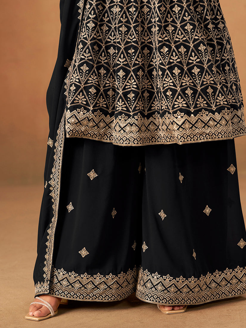 Monjolika Fashion Black Embroidered Faux Georgette Trendy Palazzo Salwar Kameez - Distacart