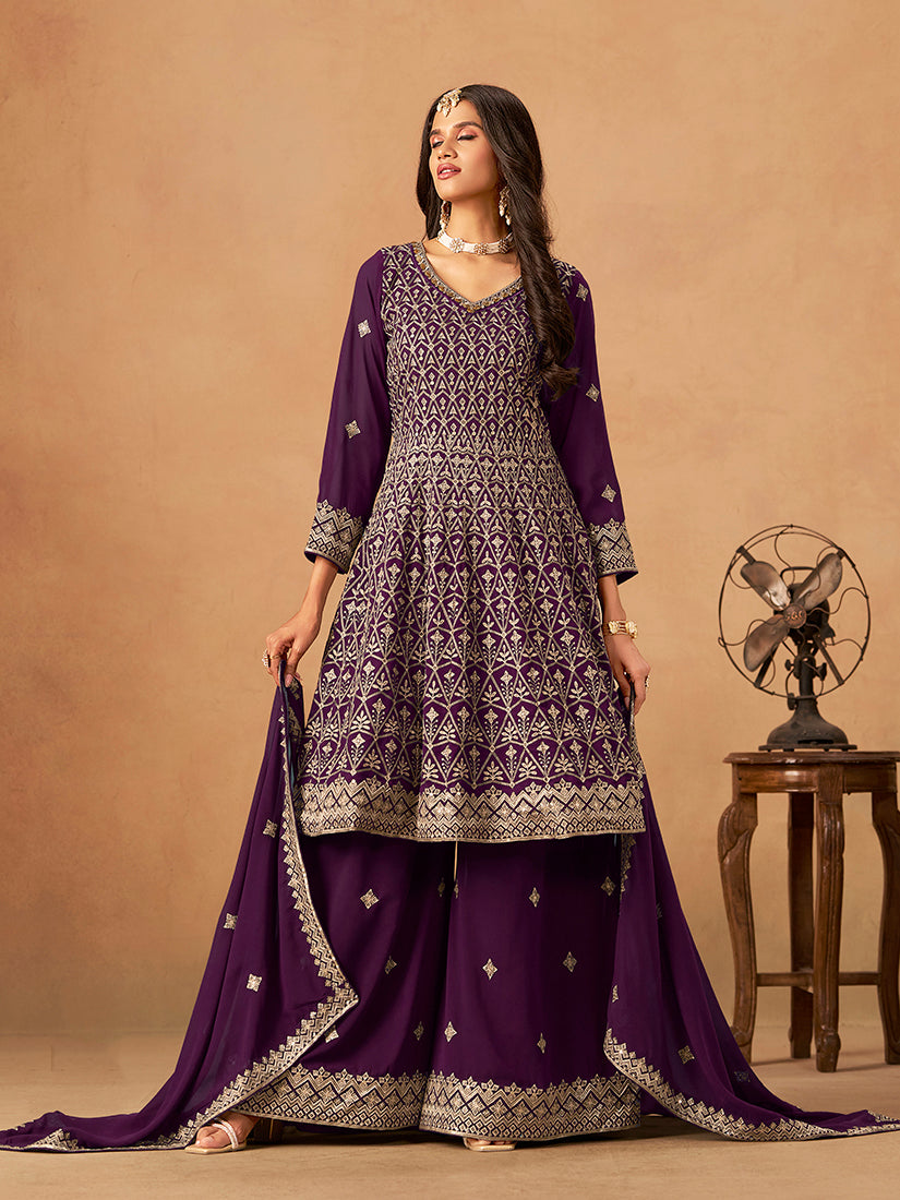 Monjolika Fashion Purple Embroidered Faux Georgette Trendy Palazzo Salwar Kameez - Distacart