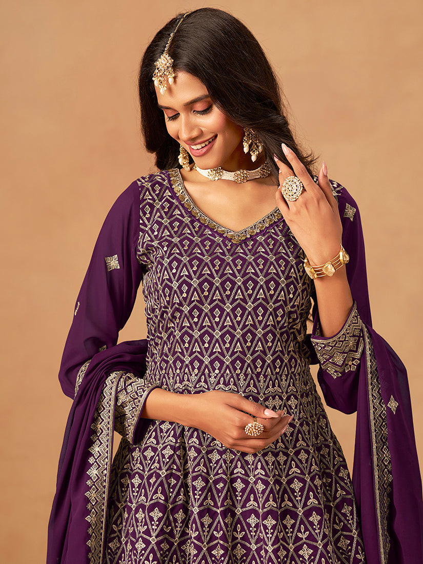 Monjolika Fashion Purple Embroidered Faux Georgette Trendy Palazzo Salwar Kameez - Distacart