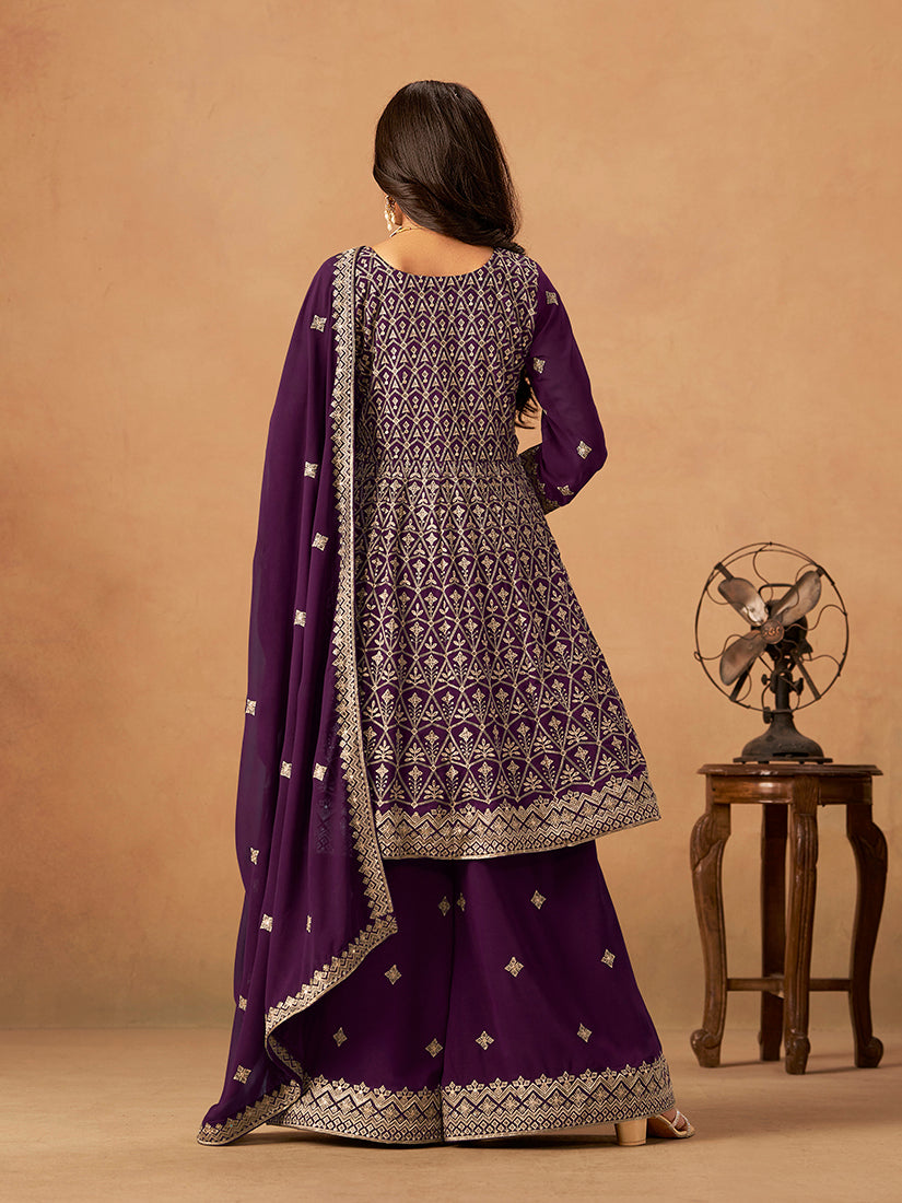 Monjolika Fashion Purple Embroidered Faux Georgette Trendy Palazzo Salwar Kameez - Distacart