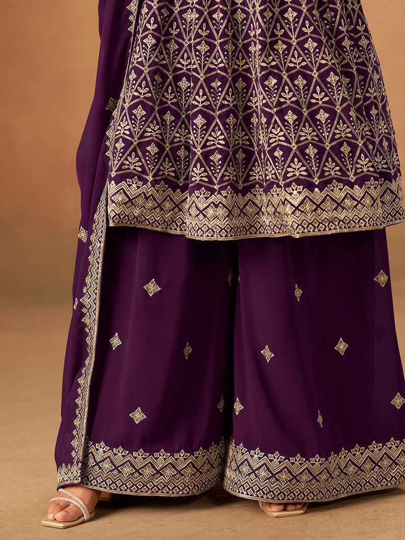 Monjolika Fashion Purple Embroidered Faux Georgette Trendy Palazzo Salwar Kameez - Distacart