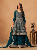 Monjolika Fashion Teal Embroidered Faux Georgette Trendy Palazzo Salwar Kameez - Distacart