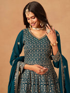 Monjolika Fashion Teal Embroidered Faux Georgette Trendy Palazzo Salwar Kameez - Distacart