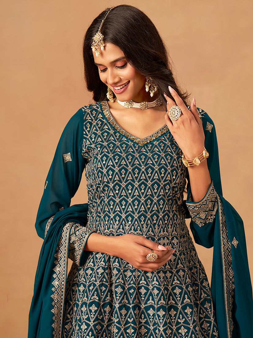 Monjolika Fashion Teal Embroidered Faux Georgette Trendy Palazzo Salwar Kameez - Distacart