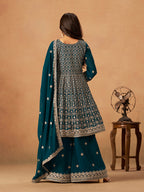 Monjolika Fashion Teal Embroidered Faux Georgette Trendy Palazzo Salwar Kameez - Distacart
