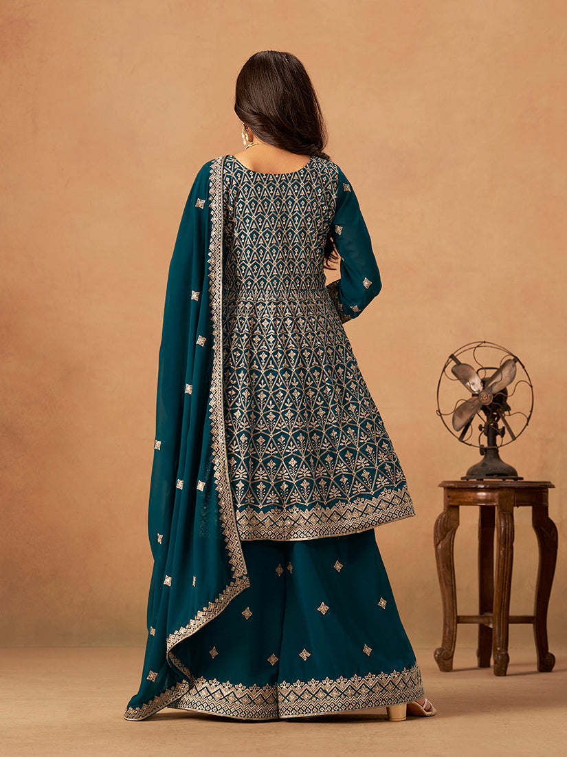 Monjolika Fashion Teal Embroidered Faux Georgette Trendy Palazzo Salwar Kameez - Distacart
