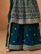 Monjolika Fashion Teal Embroidered Faux Georgette Trendy Palazzo Salwar Kameez - Distacart