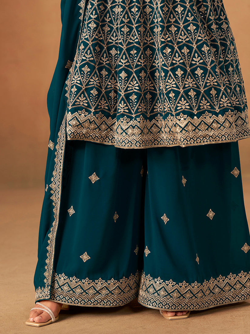 Monjolika Fashion Teal Embroidered Faux Georgette Trendy Palazzo Salwar Kameez - Distacart