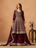 Monjolika Fashion Maroon Embroidered Faux Georgette Trendy Palazzo Salwar Kameez - Distacart