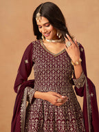 Monjolika Fashion Maroon Embroidered Faux Georgette Trendy Palazzo Salwar Kameez - Distacart