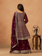 Monjolika Fashion Maroon Embroidered Faux Georgette Trendy Palazzo Salwar Kameez - Distacart