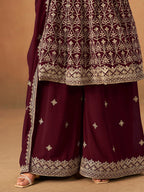 Monjolika Fashion Maroon Embroidered Faux Georgette Trendy Palazzo Salwar Kameez - Distacart
