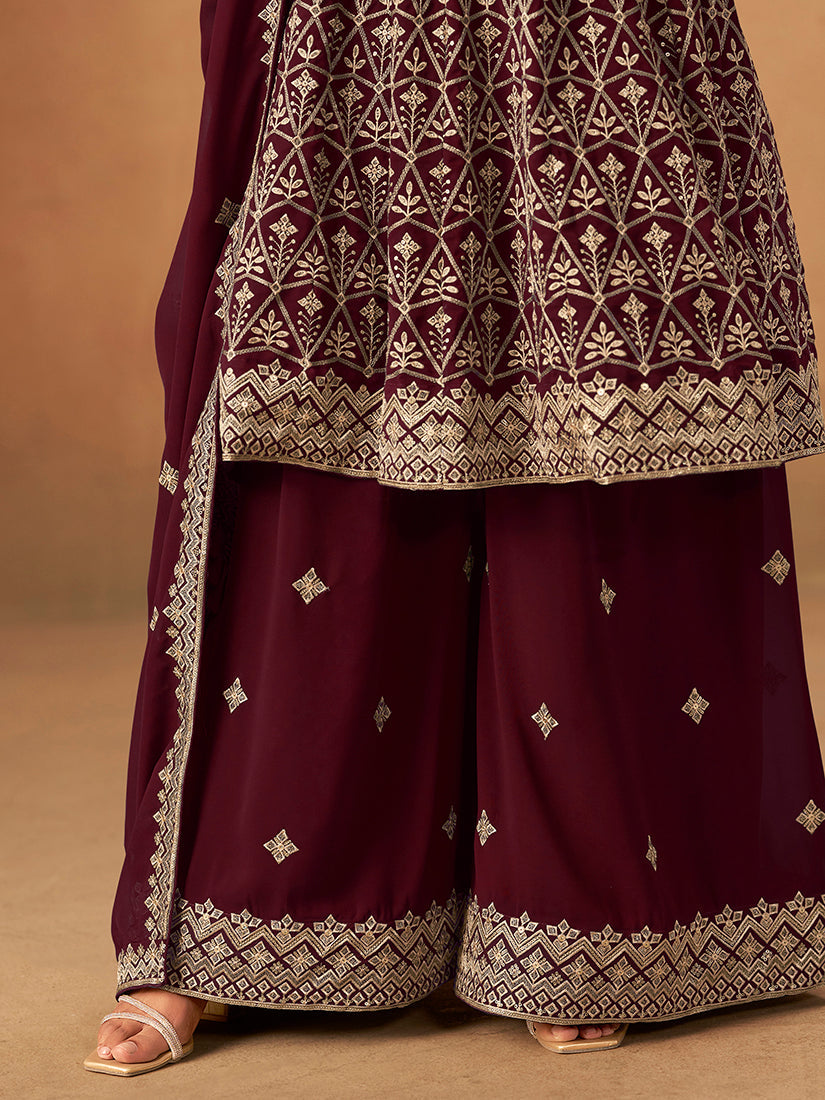 Monjolika Fashion Maroon Embroidered Faux Georgette Trendy Palazzo Salwar Kameez - Distacart