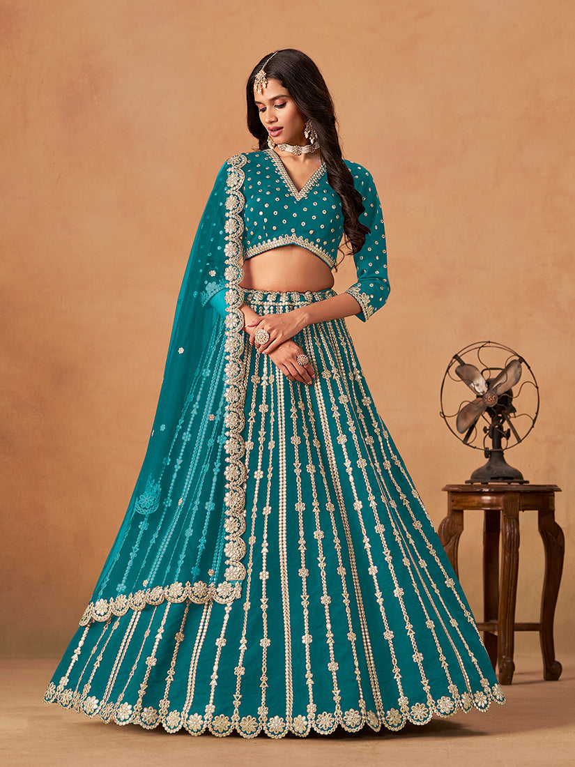 Monjolika Fashion Embroidered Teal Blue Art Silk Designer Long Lehenga Choli - Distacart