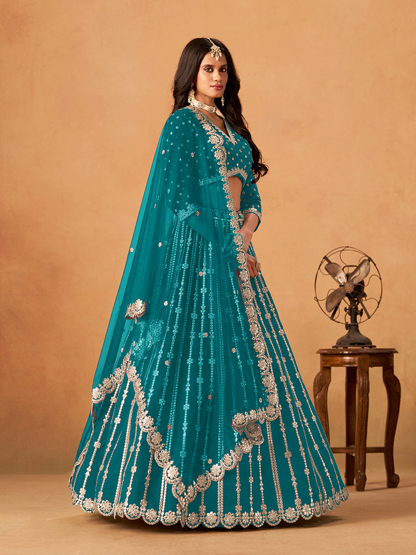 Monjolika Fashion Embroidered Teal Blue Art Silk Designer Long Lehenga Choli - Distacart