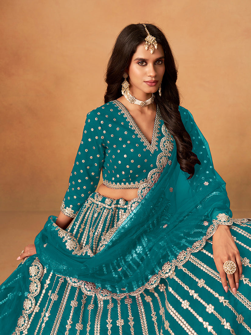 Monjolika Fashion Embroidered Teal Blue Art Silk Designer Long Lehenga Choli - Distacart