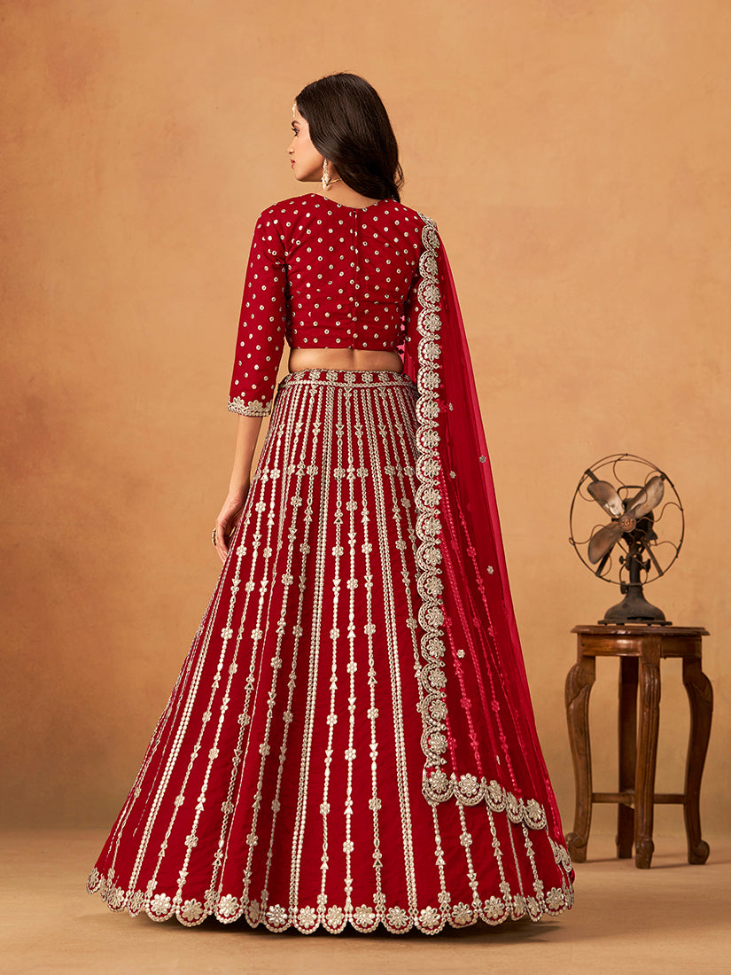 Monjolika Fashion Embroidered Red Art Silk Designer Long Lehenga Choli