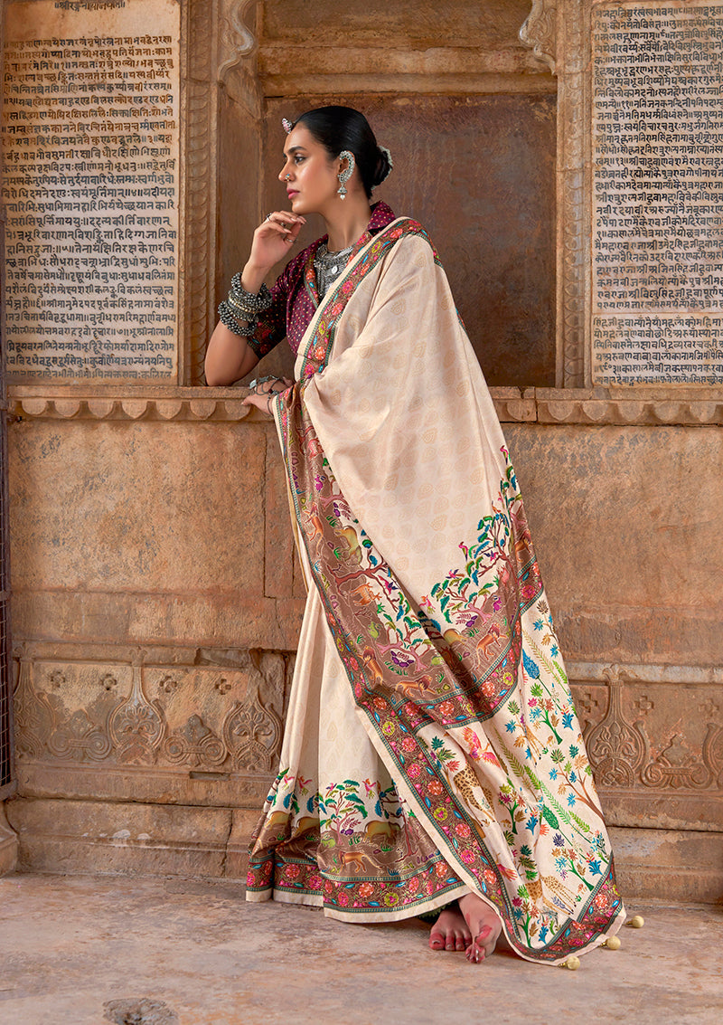 Monjolika Fashion Cream Printed Silk Contemporary Saree - Distacart