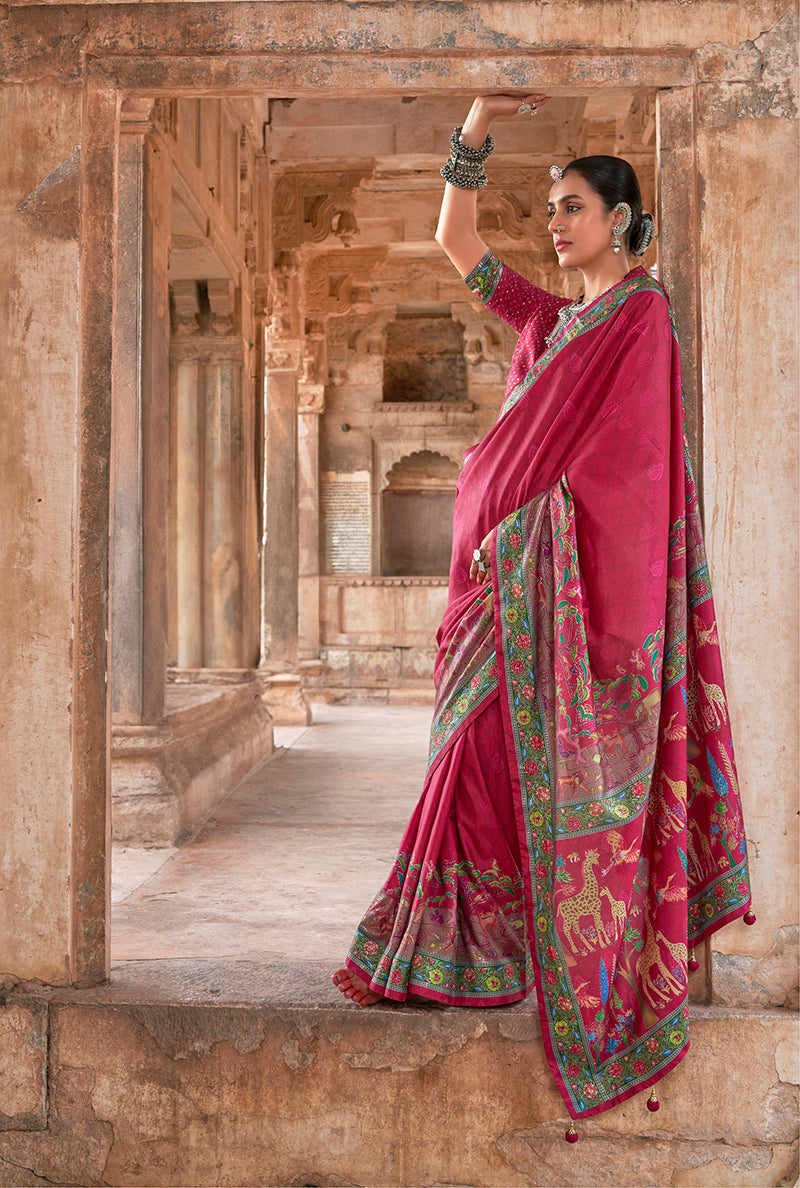 Monjolika Fashion Dark Pink Printed Silk Contemporary Saree - Distacart