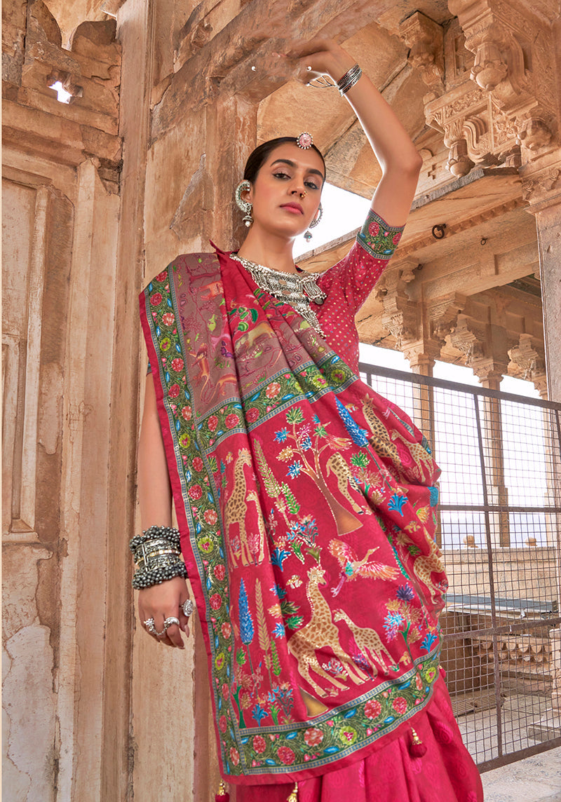 Monjolika Fashion Dark Pink Printed Silk Contemporary Saree - Distacart