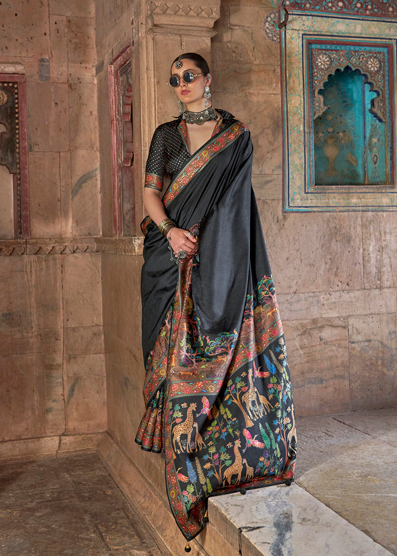Monjolika Fashion Black Printed Silk Contemporary Saree - Distacart
