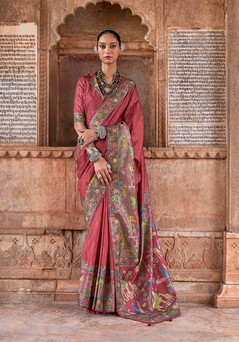 Monjolika Fashion Maroon Printed Silk Contemporary Saree - Distacart