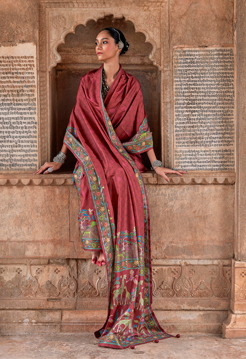 Monjolika Fashion Maroon Printed Silk Contemporary Saree - Distacart