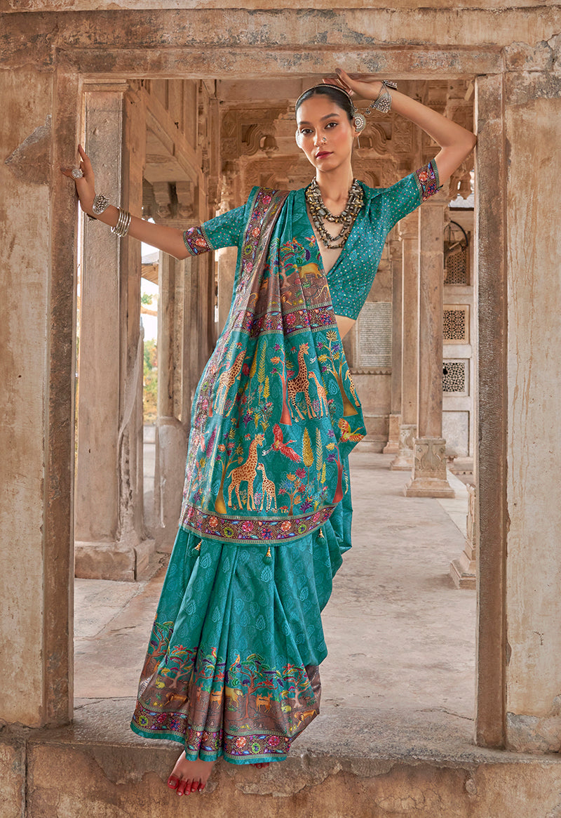 Monjolika Fashion Turquoise Printed Silk Contemporary Saree - Distacart