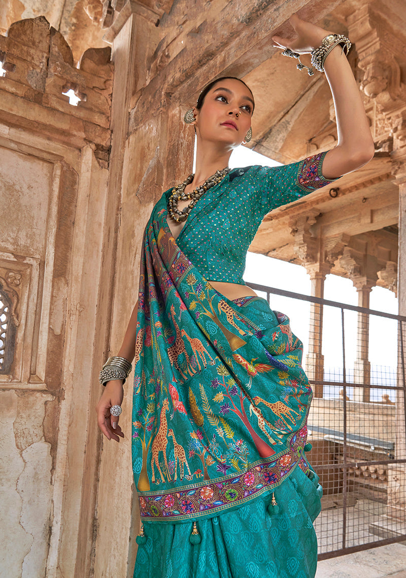 Monjolika Fashion Turquoise Printed Silk Contemporary Saree - Distacart