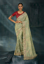 Monjolika Fashion Sea Green With Lakhanvi And Zarkan Work Banarasi Silk Blend Saree - Distacart
