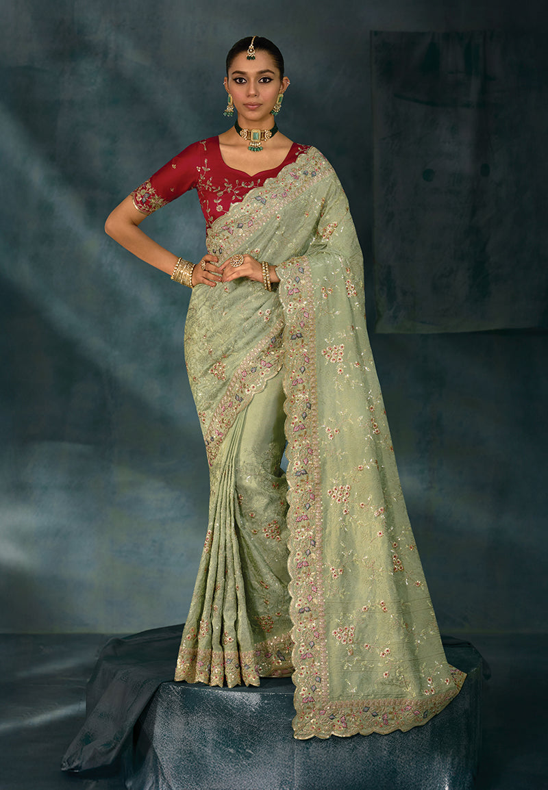 Monjolika Fashion Sea Green With Lakhanvi And Zarkan Work Banarasi Silk Blend Saree - Distacart