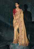 Monjolika Fashion Beige Color Silk Blend Cutdana Moti And Mirror Heavy Work Saree - Distacart