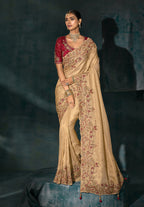 Monjolika Fashion Beige Color Silk Blend Cutdana Moti And Mirror Heavy Work Saree - Distacart