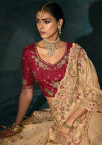 Monjolika Fashion Beige Color Silk Blend Cutdana Moti And Mirror Heavy Work Saree - Distacart