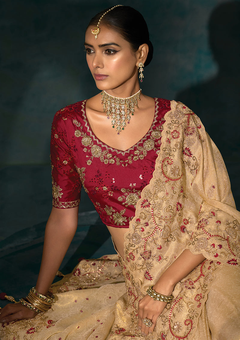 Monjolika Fashion Beige Color Silk Blend Cutdana Moti And Mirror Heavy Work Saree - Distacart