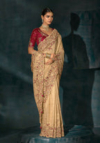 Monjolika Fashion Beige Color Silk Blend Cutdana Moti And Mirror Heavy Work Saree - Distacart