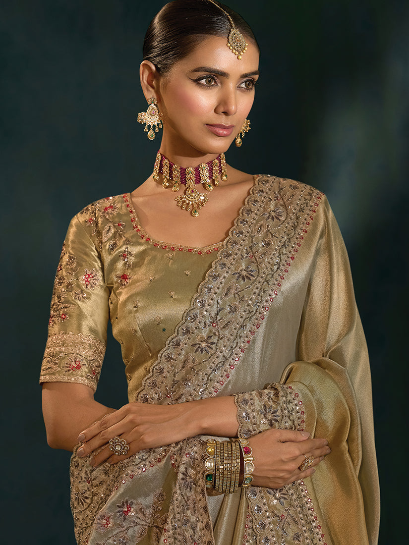 Monjolika Fashion Grey Color Cutdana Moti And Mirror Heavy Work Silk Blend Saree - Distacart