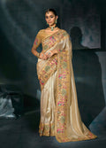 Monjolika Fashion Cream Color Silk Blend Cutdana Moti And Mirror Heavy Work Beautiful Border Saree - Distacart