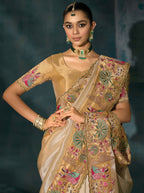 Monjolika Fashion Cream Color Silk Blend Cutdana Moti And Mirror Heavy Work Beautiful Border Saree - Distacart