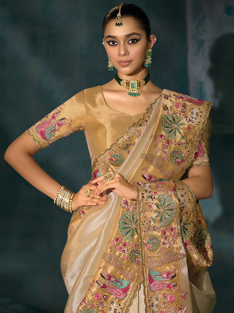 Monjolika Fashion Cream Color Silk Blend Cutdana Moti And Mirror Heavy Work Beautiful Border Saree - Distacart