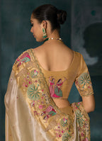 Monjolika Fashion Cream Color Silk Blend Cutdana Moti And Mirror Heavy Work Beautiful Border Saree - Distacart