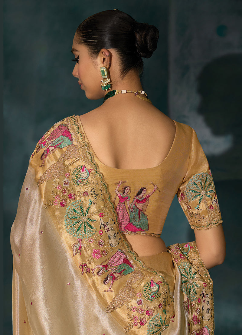 Monjolika Fashion Cream Color Silk Blend Cutdana Moti And Mirror Heavy Work Beautiful Border Saree - Distacart