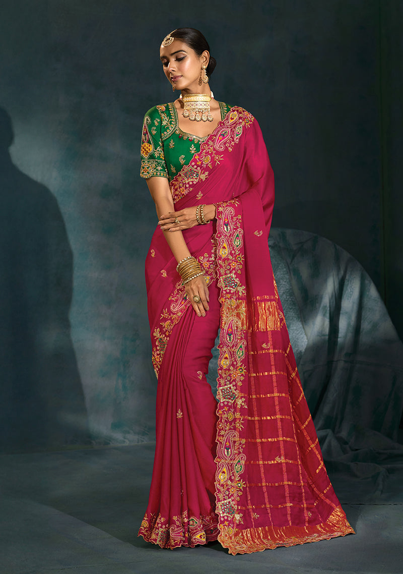 Monjolika Fashion Rani Pink Color Gajji Silk Cutdana Moti Mirror Work Beautiful Border Saree - Distacart